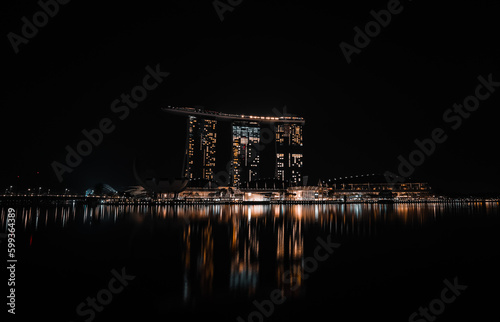 Mesmerizing night view of Marina Bay, Singapore. Reflections on water enhance the stunning skyline with Marina Bay Sands hotel standing tall.
