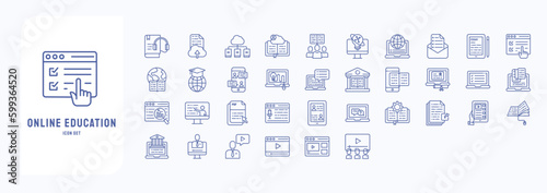 A collection sheet of outline icons for Online Education, including icons like Audio Book, Cloud Library, Examination, Graduation and more