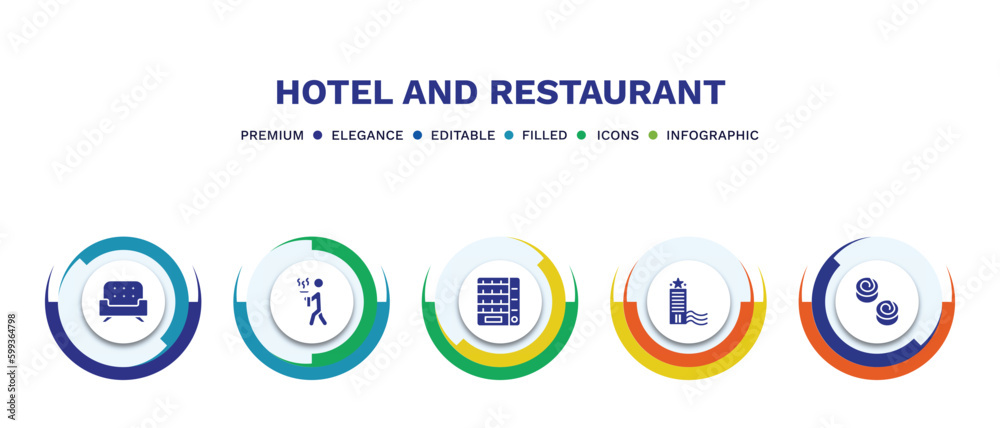 set of hotel and restaurant filled icons. hotel and restaurant filled icons with infographic template. flat icons such as lounge, servant, vending hine, beach hotel, cinnamon roll vector. set of hotel and restaurant filled icons. hotel and restaurant filled icons with infographic template. flat icons such as lounge, servant, vending hine, beach hotel, cinnamon roll vector.