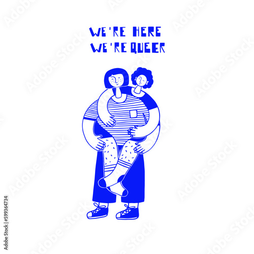 Two people showing affection to each other and lettering. Queer, gay, gender non conforming couple. Celebrating pride and the LGBTQ plus community. Minimalist, outline, blue vector illustration.