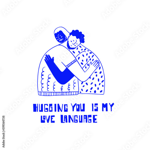 Two people showing affection to each other and lettering. Queer, gay, gender non conforming couple. Celebrating pride and the LGBTQ plus community. Minimalist, outline, blue vector illustration.