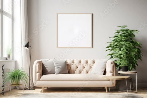 Scandinavian Living Room with Blank Poster Frame, Beige Sofa, and Green Plants