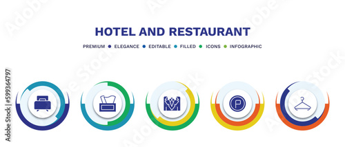 set of hotel and restaurant filled icons. hotel and restaurant filled icons with infographic template. flat icons such as single bed, napkins, suits, parking, hanger vector.