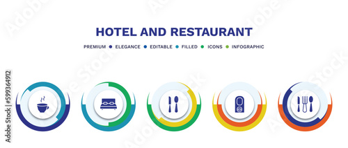 set of hotel and restaurant filled icons. hotel and restaurant filled icons with infographic template. flat icons such as coffee, double bed, eating utensils, do not disturb, restaurant vector.