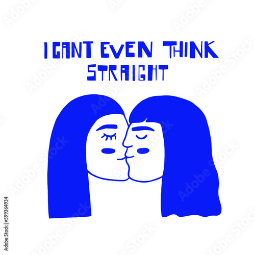 Vector illustration of two people kissing and lettering. Queer, gay, gender non conforming couple. Celebrating pride and the LGBTQ plus community. Minimalist, outline, blue silhouette.