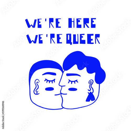 Vector illustration of two people kissing and lettering. Queer, gay, gender non conforming couple. Celebrating pride and the LGBTQ plus community. Minimalist, outline, blue silhouette.
