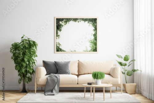 Scandinavian Living Room with Blank Poster Frame and Lush Plants © Georg Lösch
