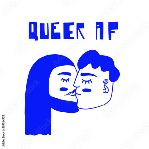 Vector illustration of two people kissing and lettering. Queer, gay, gender non conforming couple. Celebrating pride and the LGBTQ plus community. Minimalist, outline, blue silhouette.