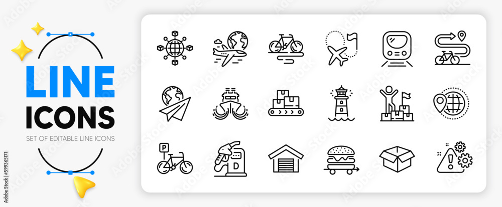 Parking garage, Destination flag and Delivery man line icons set for app include Diesel station, Ship, International flight outline thin icon. Food delivery, Paper plane. Vector