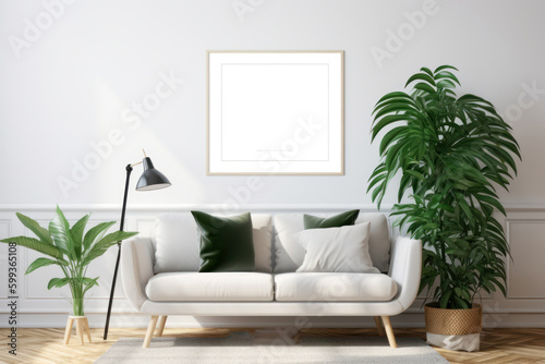 Scandinavian Living Room with Blank Poster Frame and Lush Plants