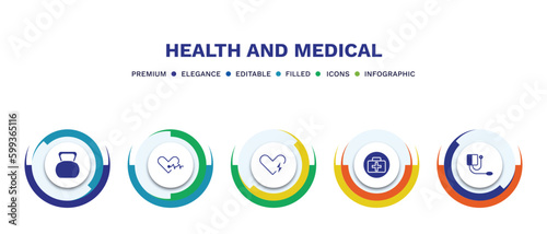 set of health and medical filled icons. health and medical filled icons with infographic template. flat icons such as kettlebell, cardiology, defibrillator, medical, blood pressure gauge vector.