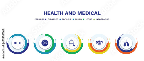 set of health and medical filled icons. health and medical filled icons with infographic template. flat icons such as gym, medical shield, walker, girl, lung vector.