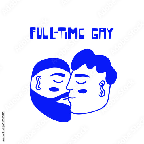 Vector illustration of two people kissing and lettering. Queer, gay, gender non conforming couple. Celebrating pride and the LGBTQ plus community. Minimalist, outline, blue silhouette.