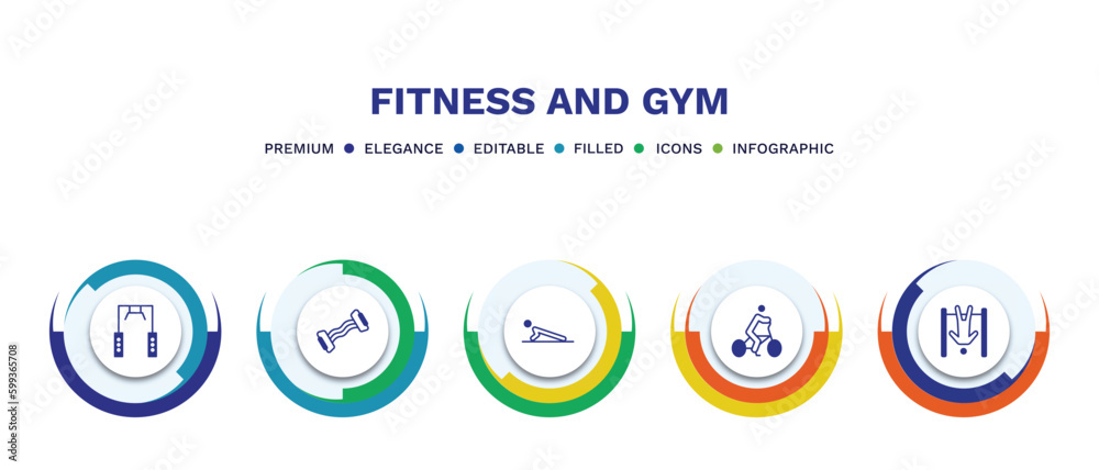 set of fitness and gym filled icons. fitness and gym filled icons with infographic template. flat icons such as training apparatus, resistance, push up, riding bicycle, exercise hang bar vector.