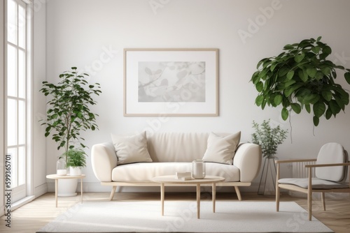 Scandinavian Living Room with Blank Poster Frame and Lush Plants © Georg Lösch