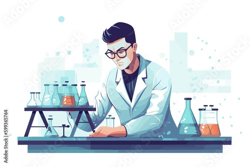 Scientist man in lab coat and glasses making experiment in chemical laboratory. Vector illustration