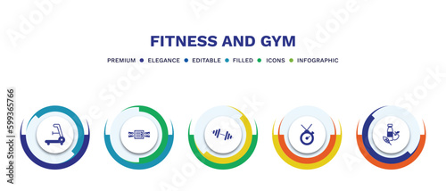 set of fitness and gym filled icons. fitness and gym filled icons with infographic template. flat icons such as rowing hine, athletic strap, little dumbbell, training watch, fitness nutrition