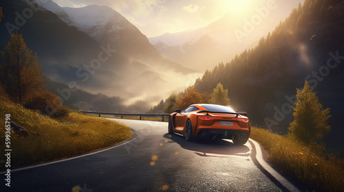 A futuristic sports car races through a winding mountain road, surrounded by breathtaking scenery, Generative AI.