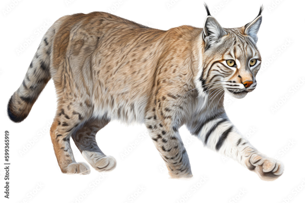 Fototapeta premium an isolated Bobcat (Lynx rufus), in motion, preservation, elusive wildlife, Wildlife-themed, photorealistic illustration on a transparent background cutout in PNG. Generative AI