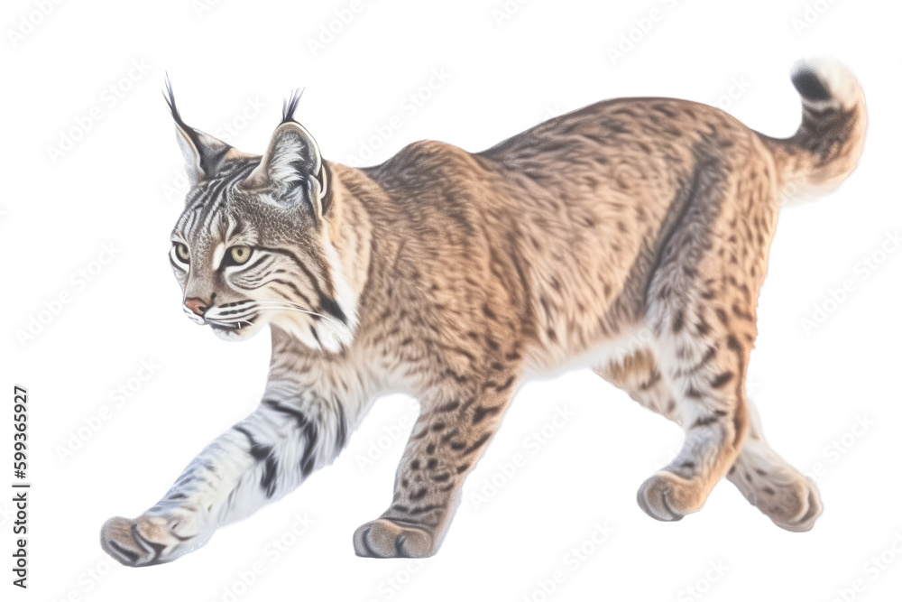 Fototapeta premium an isolated Bobcat (Lynx rufus), in motion, preservation, elusive wildlife, Wildlife-themed, photorealistic illustration on a transparent background cutout in PNG. Generative AI