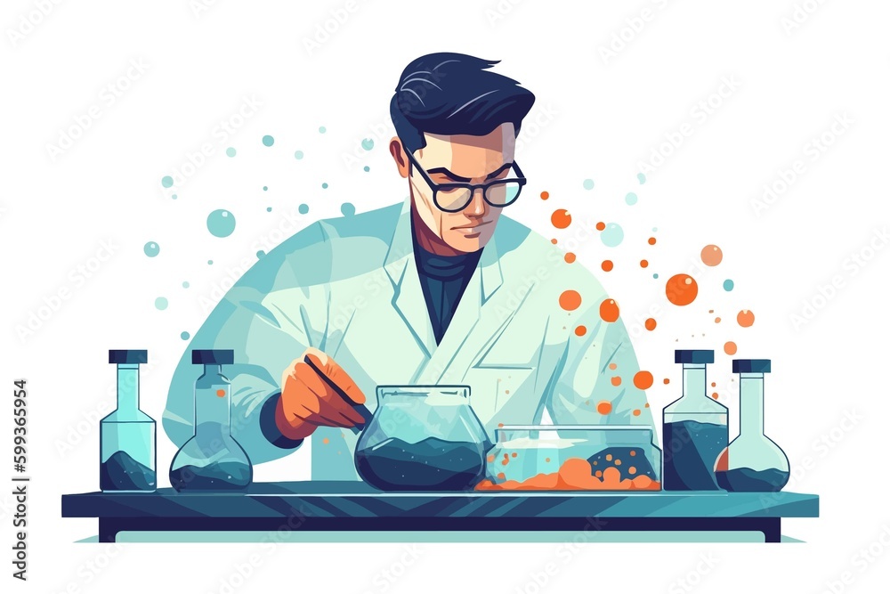 Scientist man in lab coat and glasses making experiment in chemical laboratory. Vector illustration Scientist man in lab coat and glasses making experiment in chemical laboratory. Vector illustration