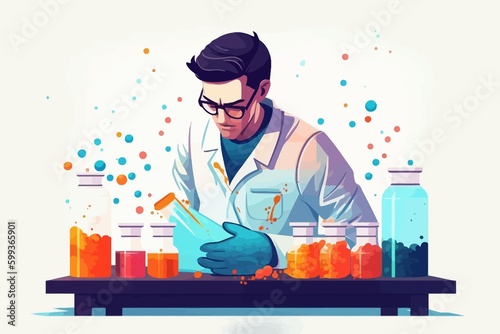 Scientist man in lab coat and glasses making experiment in chemical laboratory. Vector illustration