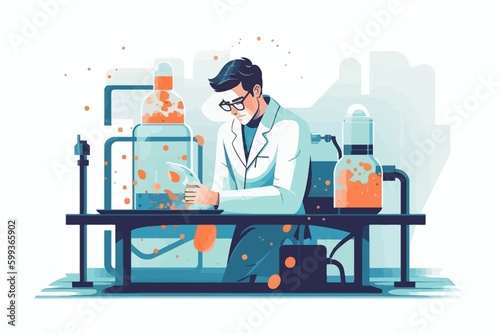 Scientist man in lab coat and glasses making experiment in chemical laboratory. Vector illustration