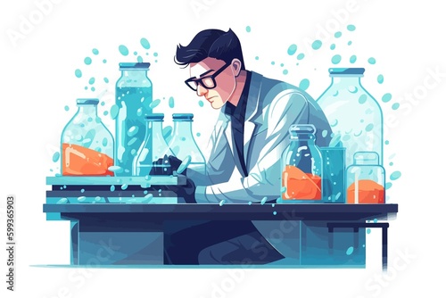 Scientist man in lab coat and glasses making experiment in chemical laboratory. Vector illustration