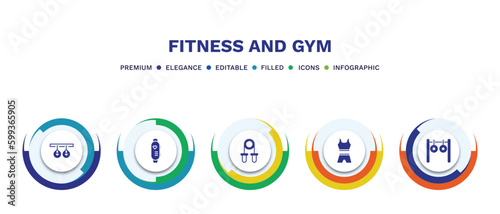 set of fitness and gym filled icons. fitness and gym filled icons with infographic template. flat icons such as gymnastic rings, sport watch, grip, female sportwear, rings exercises vector.