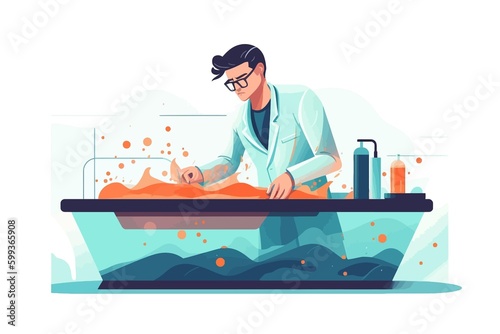 Scientist man in lab coat and glasses making experiment in chemical laboratory. Vector illustration