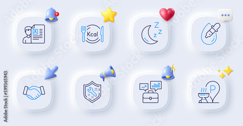 Business portfolio, Moon and Spanner line icons. Buttons with 3d bell, chat speech, cursor. Pack of Calories, Eye drops, Job interview icon. Handshake, Grill place pictogram. Vector