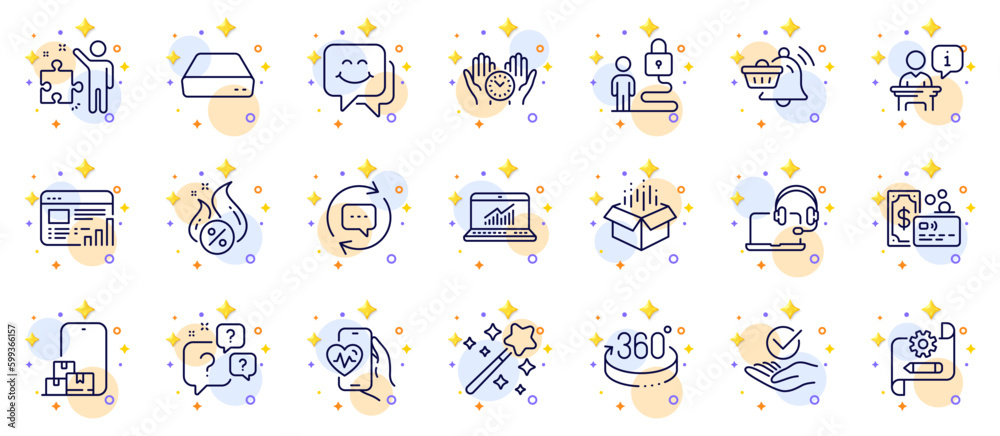 Outline set of Lock, Cardio training and Strategy line icons for web app. Include Notification cart, Safe time, Online storage pictogram icons. Consult, Web report, Approved signs. Card. Vector Outline set of Lock, Cardio training and Strategy line icons for web app. Include Notification cart, Safe time, Online storage pictogram icons. Consult, Web report, Approved signs. Card. Vector