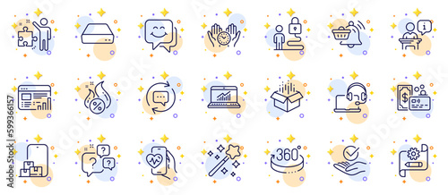 Outline set of Lock  Cardio training and Strategy line icons for web app. Include Notification cart  Safe time  Online storage pictogram icons. Consult  Web report  Approved signs. Card. Vector