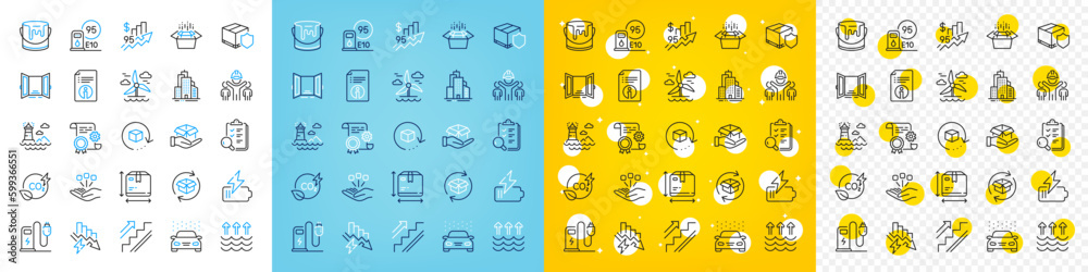 Vector icons set of Technical info, Skyscraper buildings and Lighthouse line icons pack for web with Petrol station, Return parcel, Rise price outline icon. Battery, Inspect. Vector