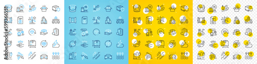 Vector icons set of Technical info, Skyscraper buildings and Lighthouse line icons pack for web with Petrol station, Return parcel, Rise price outline icon. Battery, Inspect. Vector