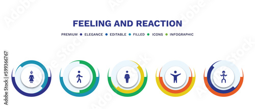set of feeling and reaction filled icons. feeling and reaction filled icons with infographic template. flat icons such as beautiful human, alive human, full human, excited determined vector.