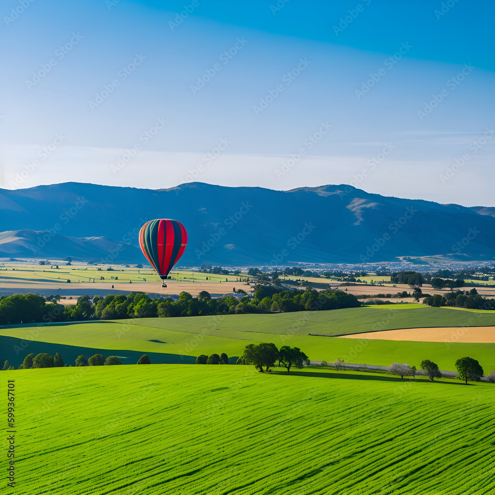 Fototapeta premium A hot air balloon flying over a landscape with rolling hills and fields