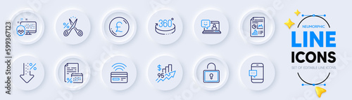 Smartphone message, Report document and Cut tax line icons for web app. Pack of Pound money, Rise price, Smile pictogram icons. 360 degrees, Contactless payment, Calendar tax signs. Lock. Vector