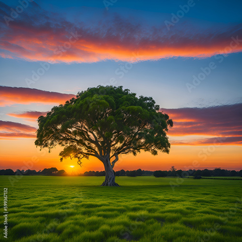 A majestic tree standing alone in a grassy field with a beautiful sunset sky in the background
