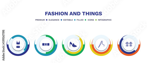 set of fashion and things filled icons. fashion and things filled icons with infographic template. flat icons such as outfit, accessory, hell, stitching, stud vector.