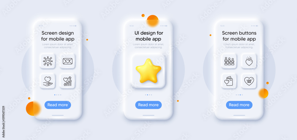 Dating, Hold heart and Valentine line icons pack. 3d phone mockups with star. Glass smartphone screen. Love document, Love her, Heart web icon. Equality pictogram. For web app, printing. Vector Dating, Hold heart and Valentine line icons pack. 3d phone mockups with star. Glass smartphone screen. Love document, Love her, Heart web icon. Equality pictogram. For web app, printing. Vector