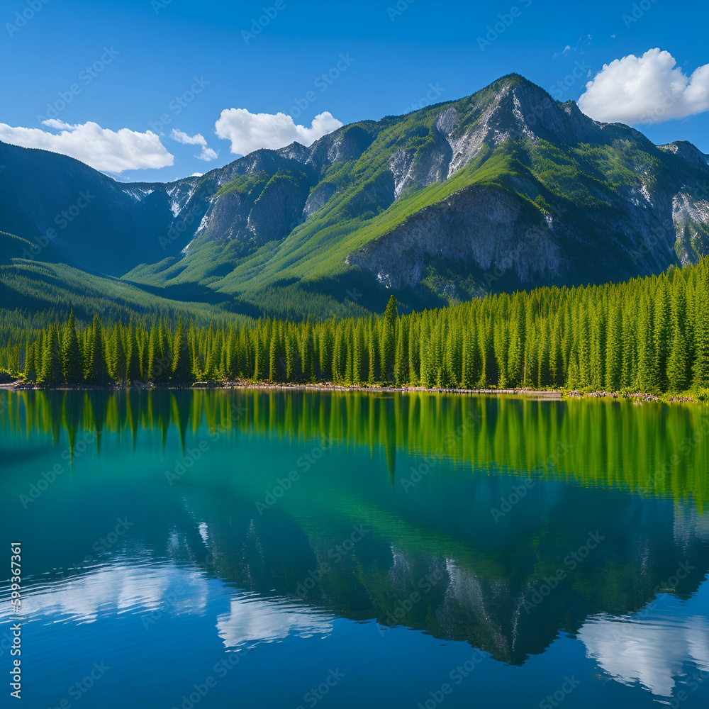 A serene lake with mountains and trees reflected in the calm waters