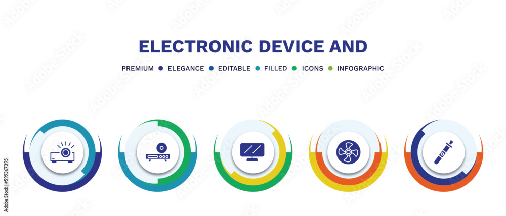 set of electronic device and filled icons. electronic device and filled icons with infographic template. flat icons such as projector, dvd player, lcd, ceiling fan, vaporizer vector. set of electronic device and filled icons. electronic device and filled icons with infographic template. flat icons such as projector, dvd player, lcd, ceiling fan, vaporizer vector.