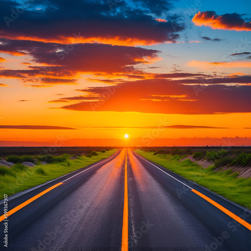 A road stretching out into the distance with a sunset sky in the background © Generative Ai