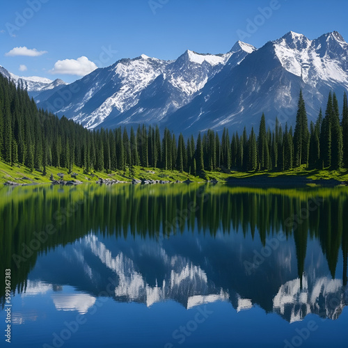A serene lake with mountains and trees reflected in the calm waters © Generative Ai