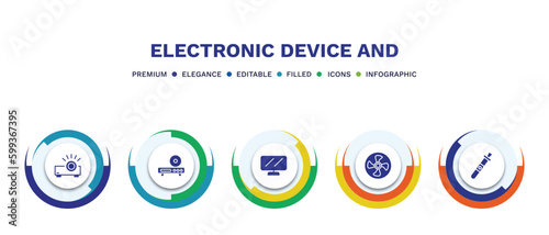 set of electronic device and filled icons. electronic device and filled icons with infographic template. flat icons such as projector, dvd player, lcd, ceiling fan, vaporizer vector.