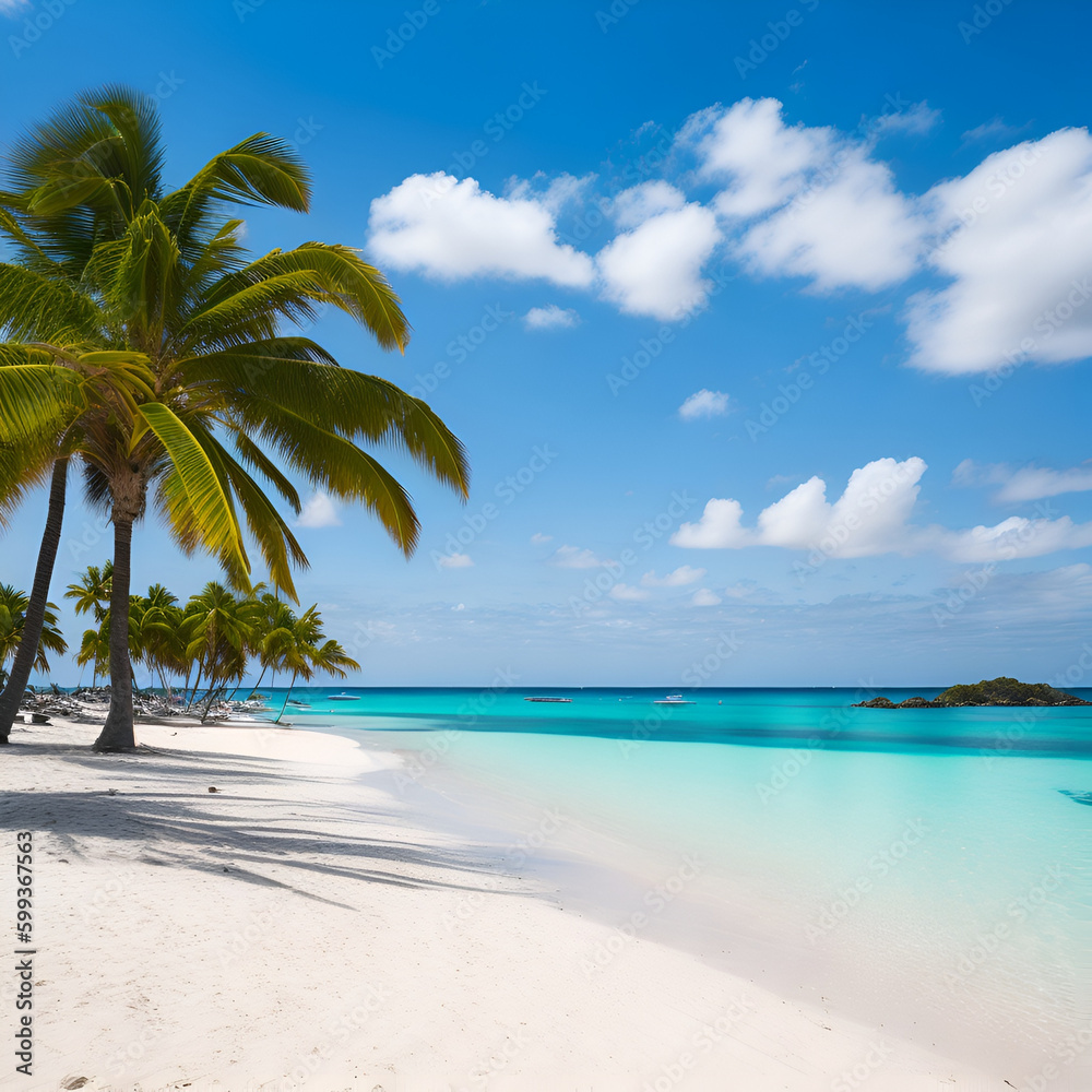 A tropical beach with crystal clear blue water and palm trees swaying in the breeze