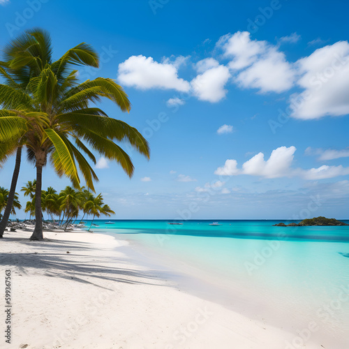 A tropical beach with crystal clear blue water and palm trees swaying in the breeze © Generative Ai