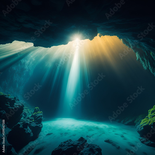 A view of a stunning underwater cave with light streaming through an opening