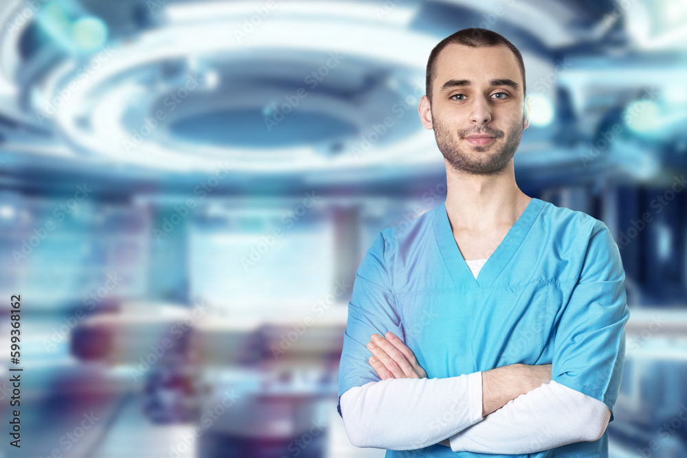Doctor surgeon in medical apparel in a modern futuristic operating room in a hospital or clinic. Doctor surgeon in medical apparel in a modern futuristic operating room in a hospital or clinic.